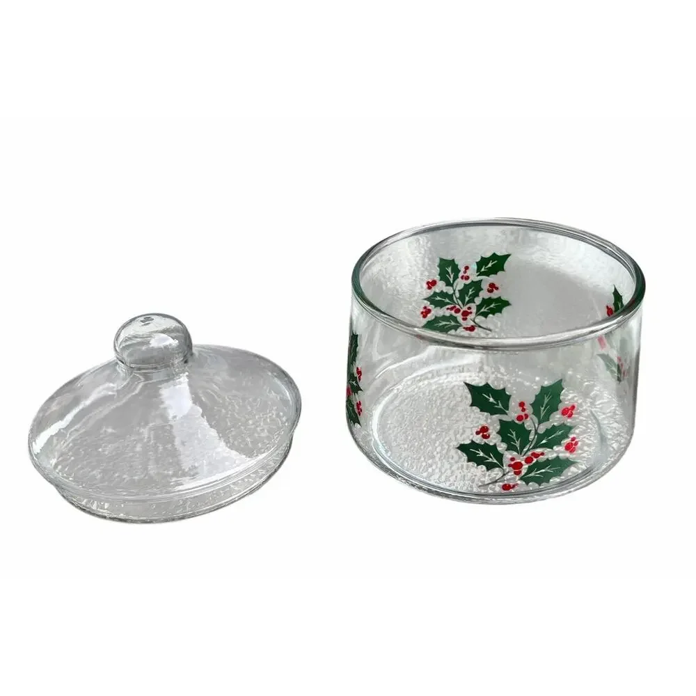 Vintage Christmas Candy Snack Glass Jar Holly & Berries Indiana Apothecary 1970s